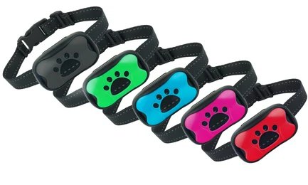 Various colorful bark collars with paw print designs, representing different types of bark collars.