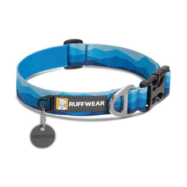 Blue Ruffwear dog collar featuring a quick-release buckle and ID tag holder.